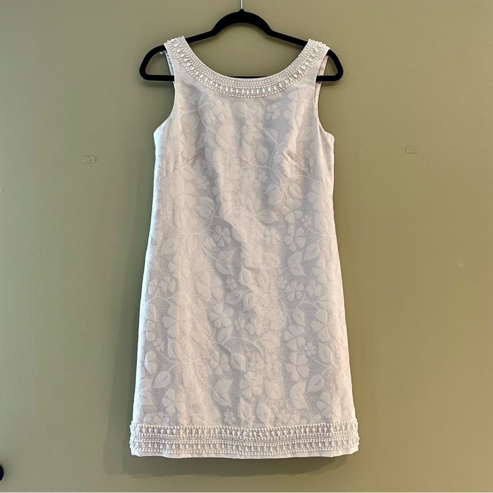 NWT!!Lilly Pulitzer Sophie Metallic Jac Dress Beaded Pearl size 4 Cameo  White